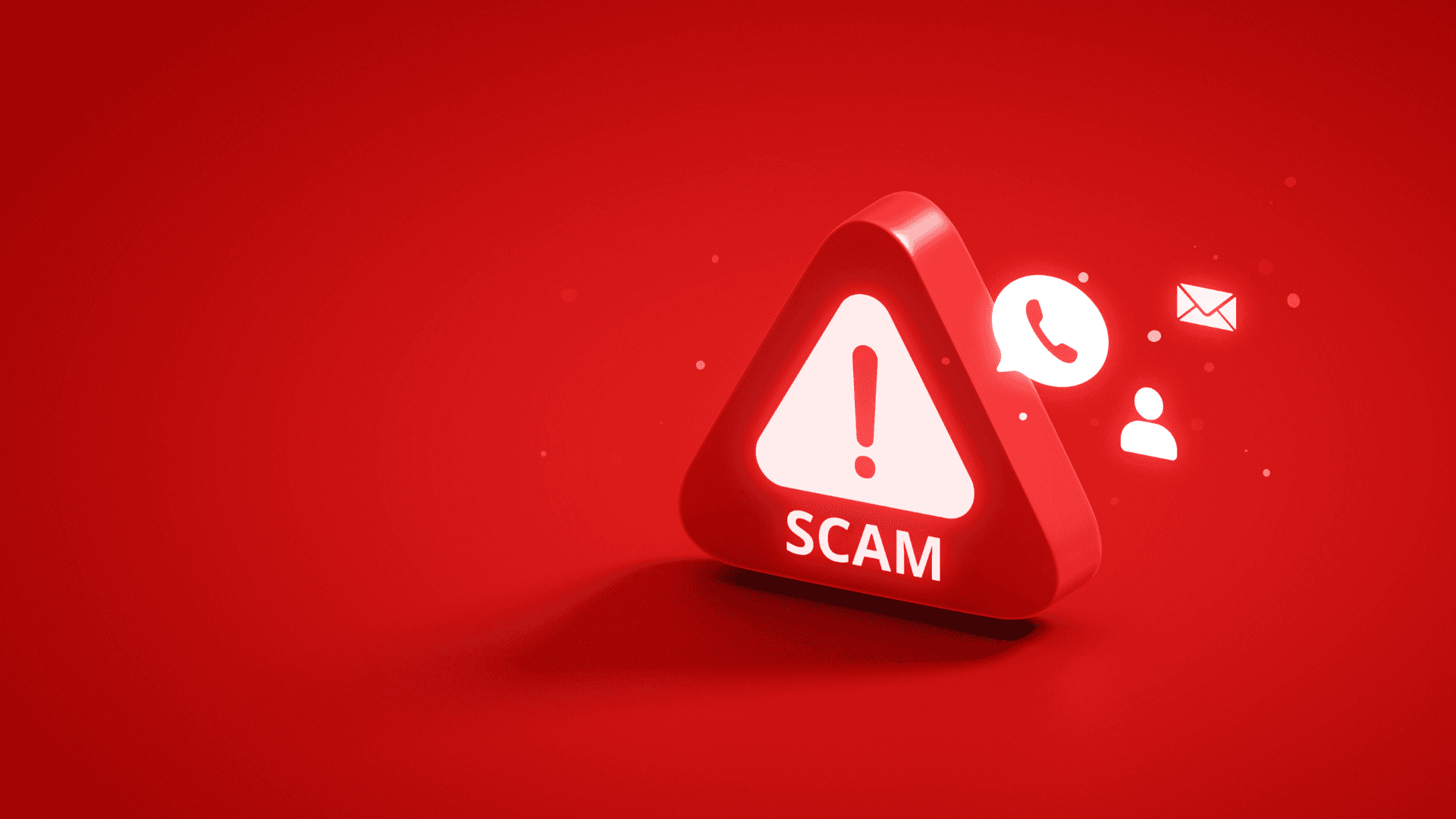 A glossy red 3D warning triangle with an exclamation mark, beside icons for a phone call, a message, and a contact