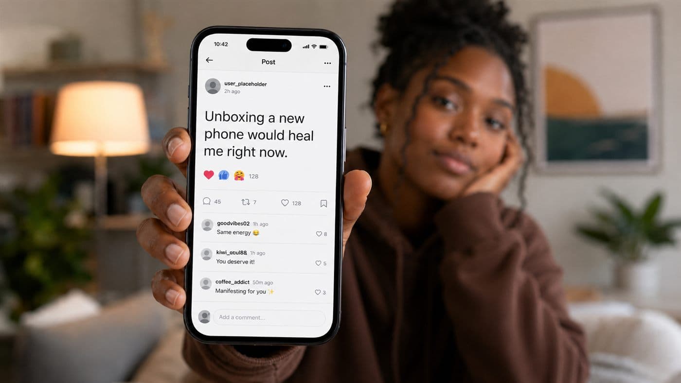 A young woman holds up her phone showing an Instagram post that reads 'Unboxing a new phone would heal me right now,' with reaction emojis and comments below it.